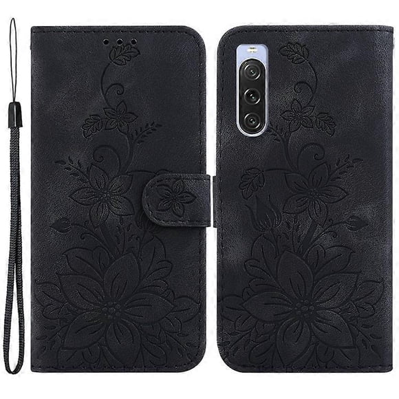 Compatible For Sony Xperia 10 V Shockproof PU Leather Phone Case Imprinted Lily Flower Cover Wallet Stand Shell