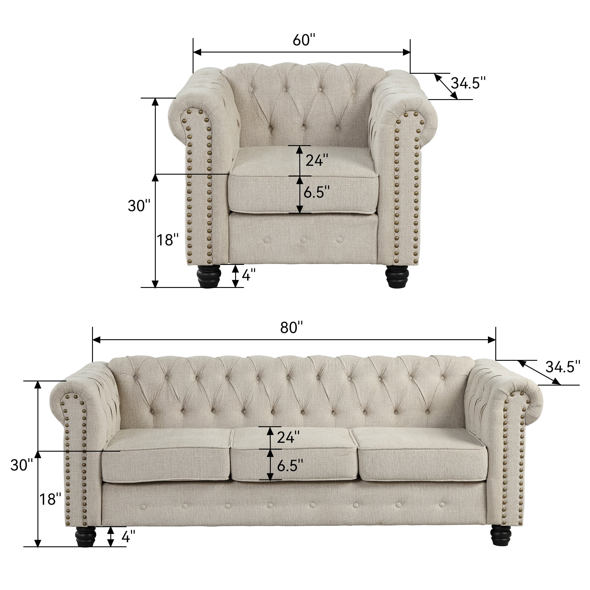 Morden Fort 2 Pieces Living Room Sofa Set, Chesterfield Sofa and Chair Set, Linen Fabric, Beige