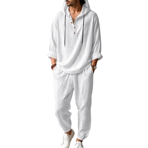 Mens Linen Sets 2 Piece Outfits Hooded Henley Shirt Matching Lightweight Lounge Pants Linen Sets Beach Fashion Suit