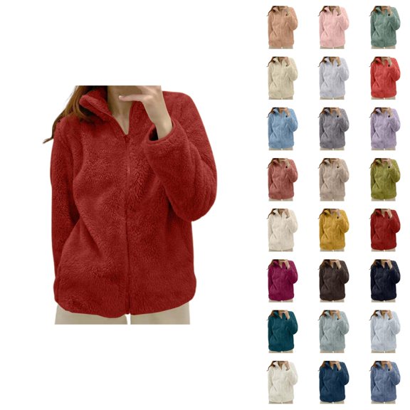 Winter Coats for Women Long Sleeve Warm Fleece Plain Stand Collar Zip Up Jacket Casual Cardigan Outerwear