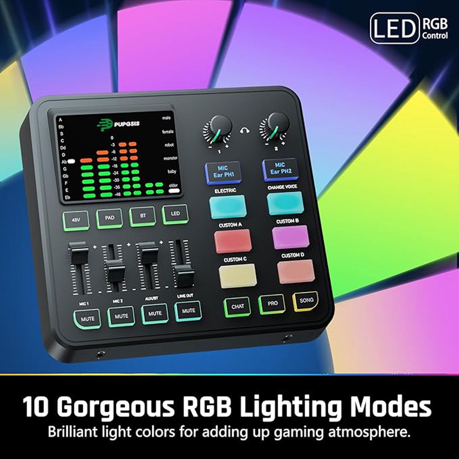 Gaming Audio Mixer, 4 Channel Pc Audio Interface, ABS Sound Card with 1/4 Inch Trs Port, Preamplifier, Noise Reduction, Rgb, Voice Changer, Bluetooth, for Streaming Podcast Gaming
