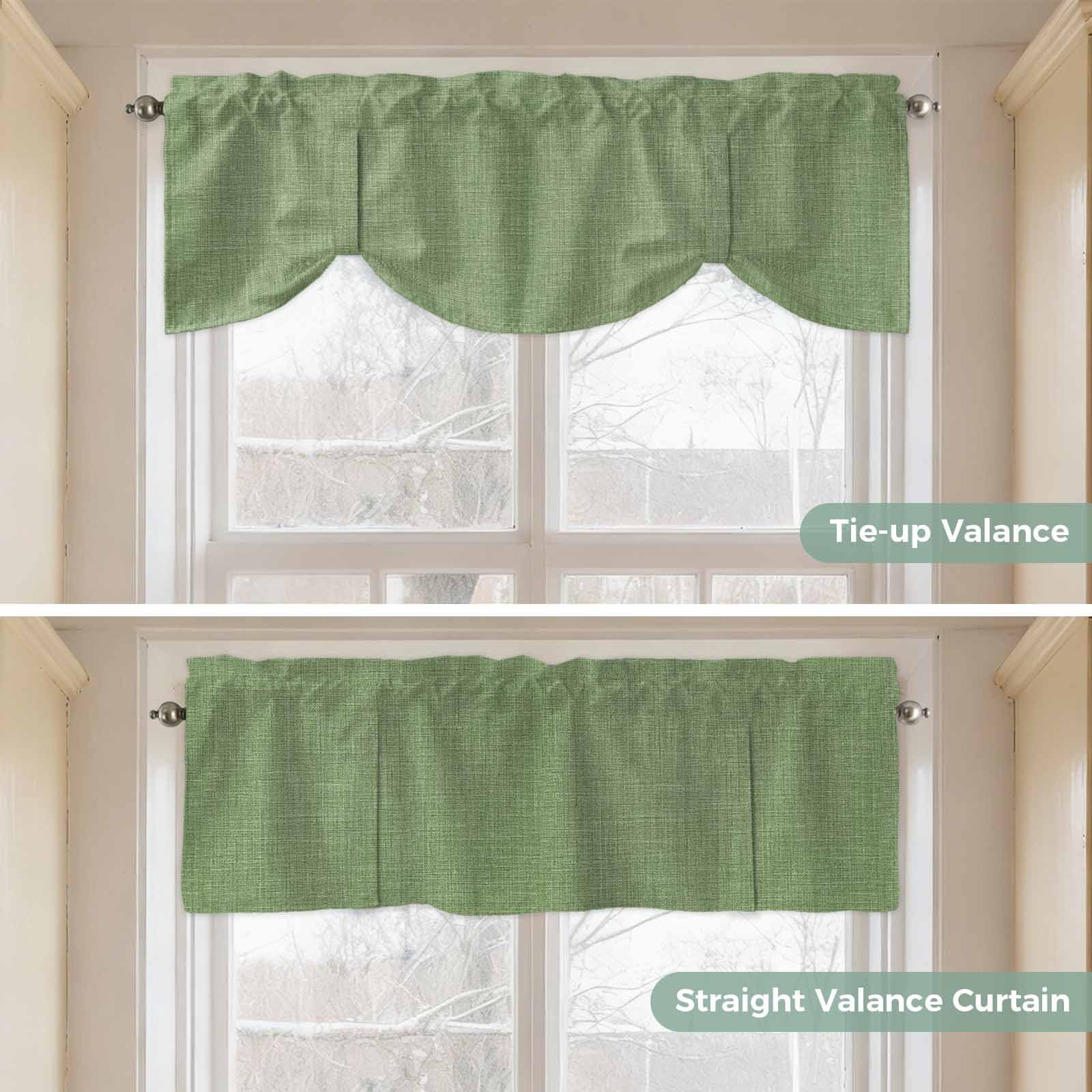 Vintage Forest Green Tie Up Valance Curtains for Windows, Kitchen Curtains Window Treatments, Farmhouse Retro Solid Color Linen Texture Short Window Shades Valances for Bedroom Bathroom Cafe 54"x18"