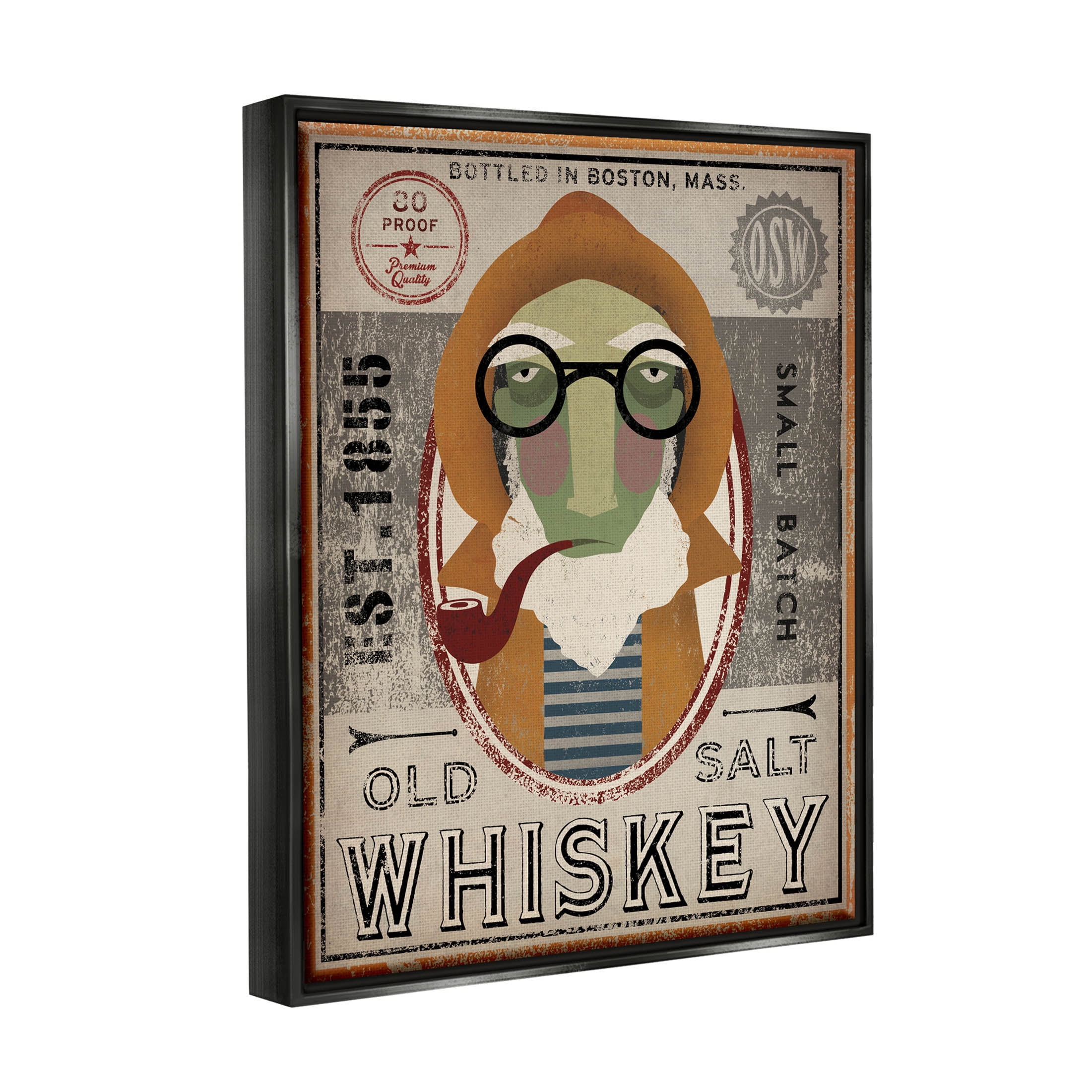 Stupell Industries Vintage Whiskey Logo Sign Graphic Art Jet Black Floating Framed Canvas Print Wall Art, Design by Ryan Fowler