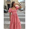 thumbnail image 2 of Womens Red Gingham Plaid Boho Midi Dress With Puff Sleeves Cinched Waist &, 2 of 6