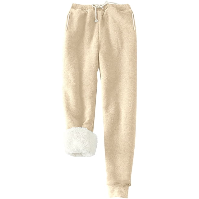 Pantalones deportivos Prolriy para mujer, con forro cálido, deportivos, de cintura alta, con forro polar, largos y gruesos de invierno para exteriores, color beige, talla S