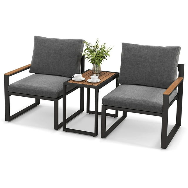 Costway Ensemble de Mobilier de Patio 3 Pcs avec Coussins Doux Cadre en Aluminium Résistant aux Intempéries Extérieur