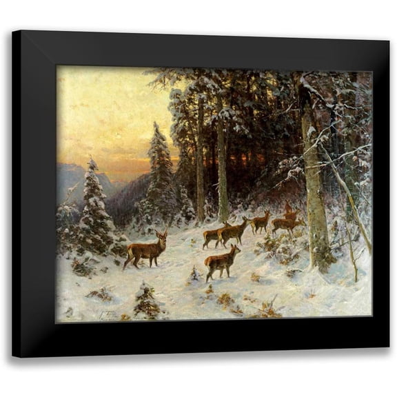 Thiele, Arthur Julius 14x12 Black Modern Framed Museum Art Print Titled - Deer In Winter Wooded Landscape
