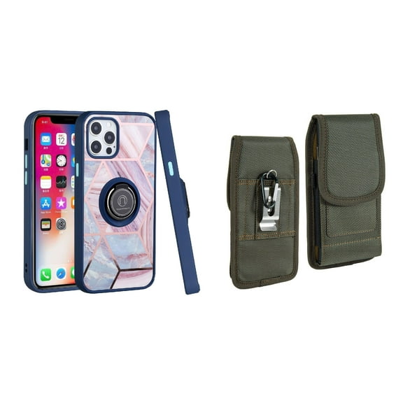 Bemz Ring Series Case for iPhone 14 Pro Max (TPU Silicone Cover with Magnetic Stand) and Vertical Rugged Nylon Belt Holster Pouch (Blue on Pink Marble/Midnight Green)