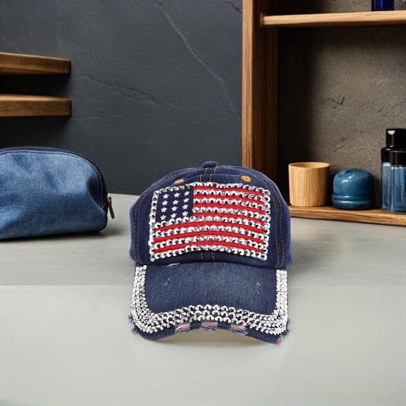 LOLIPPYY Usa Flag Hat with Rhinestone Embellishments Dark Blue Baseball Cap for Patriotic Events