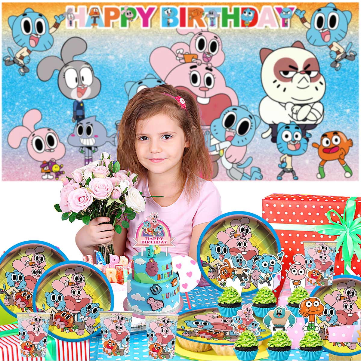 The Amazing World of Gumball Birthday Party Supplies Balloons Plates Decoration Cake Topper Decor Tableware Banner Backdrop