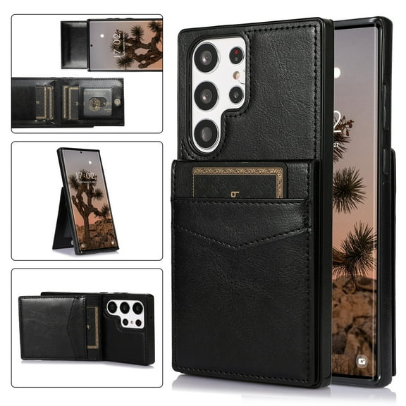 ELEHOLD Wallet Case for Samsung Galaxy S23 Ultra 6.8" Credit Card Slots Premium Leather Magnetic Buckle Vertical & Horizontal Kickstand Function Shockproof Flip Wallet Cover,Black