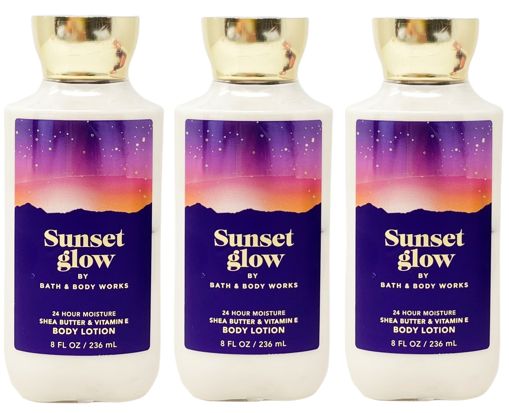 Bath & Body Works Sunset Glow 3 Body Lotions with a Peach Gardenia Sample Soap