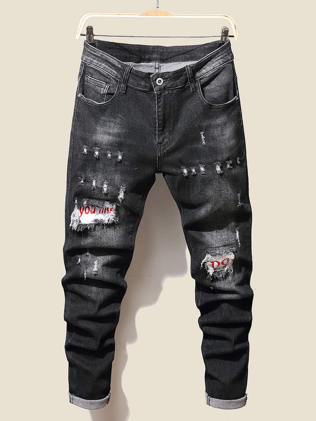 Black Men Ripped Washed Letter Graphic Jeans 29 Y032D