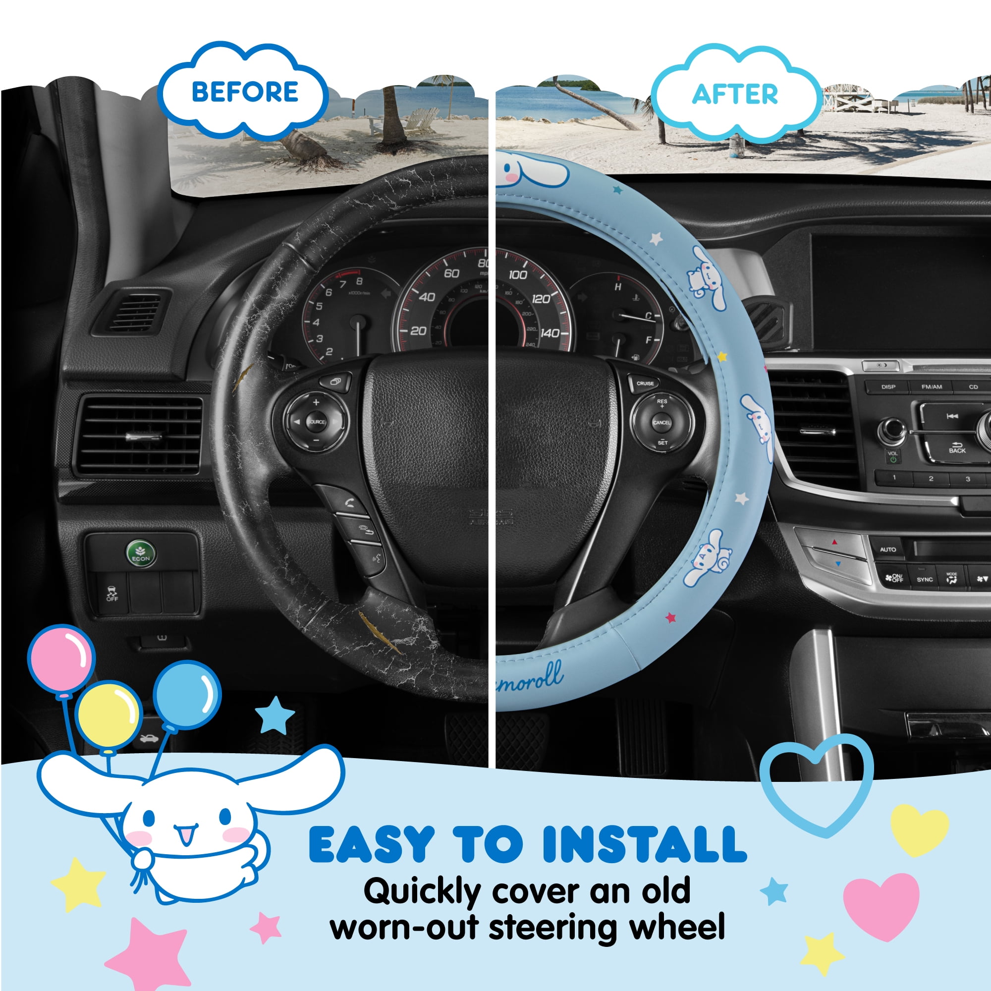 Official Sanrio Hello Kitty Cinnamoroll Steering Wheel Cover with Easy Clip-on Car Air Freshener, Odor Eliminator, Fun Scents