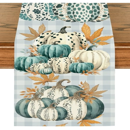 

Hello Pumpkin Polka Dot Watercolor Blue Buffalo Plaid Thanksgiving Table Runner Seasonal Fall Harvest Kitchen Dining Table Decoration for Indoor Outdoor Home Party Decor 13 x 72 Inch(MTNZ)