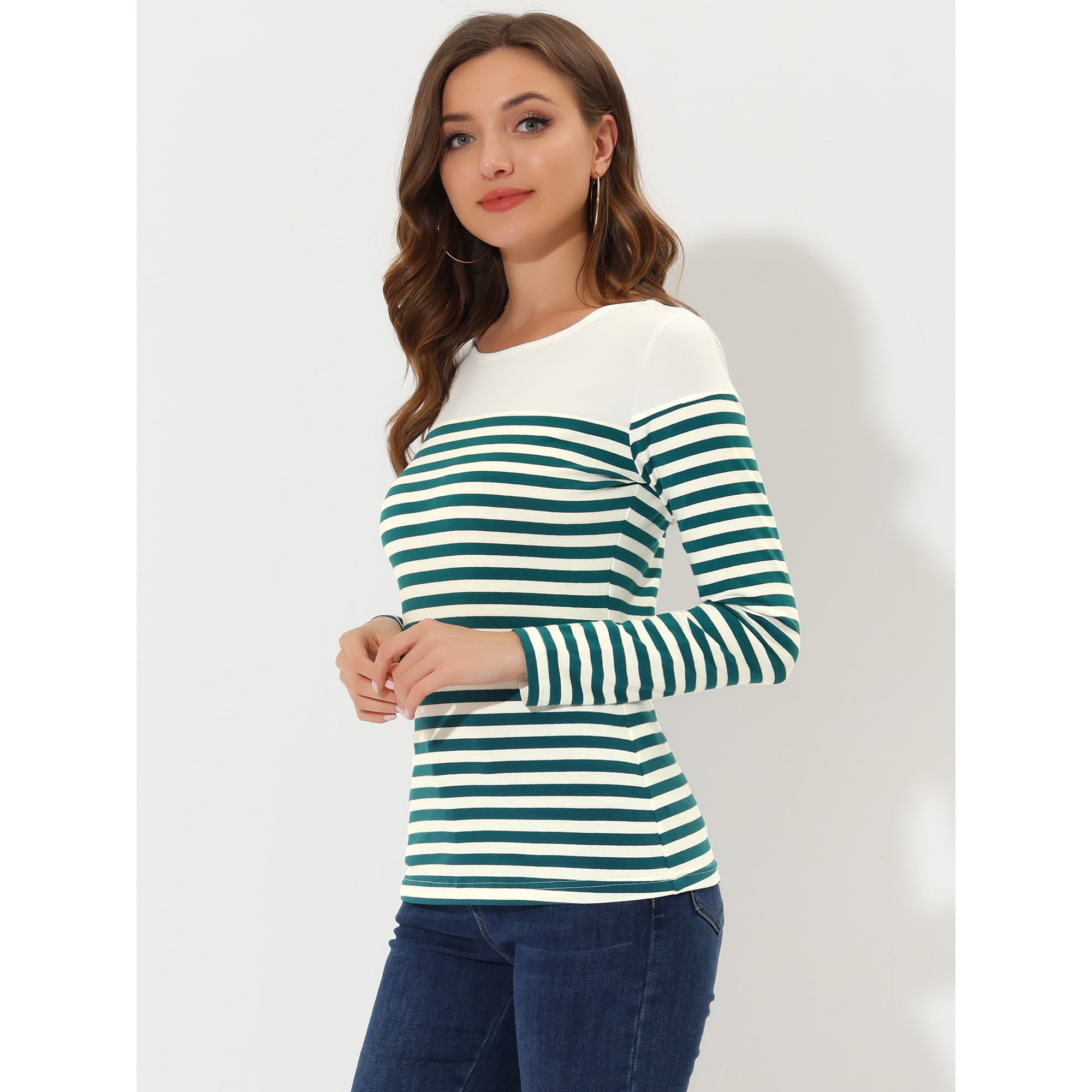 Unique Bargains Long Sleeve Striped T Shirt For Women s Halloween Color Block Shirt X Large White Blue Other