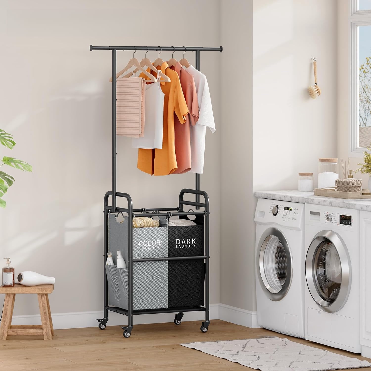 Laundry Sorter with Hanging Rack, 2 Section Rolling Laundry Hamper with Lockable Wheels and Removable Bag