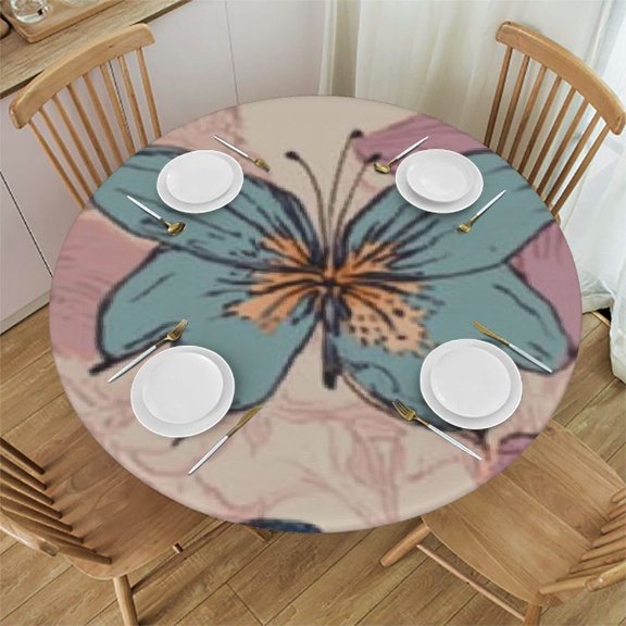 Round Fitted Tablecloth with Elastic Edge, Lily Floral Table Cover Stain-Resistant Stretch Table Cloth for Outdoor Indoor Decor