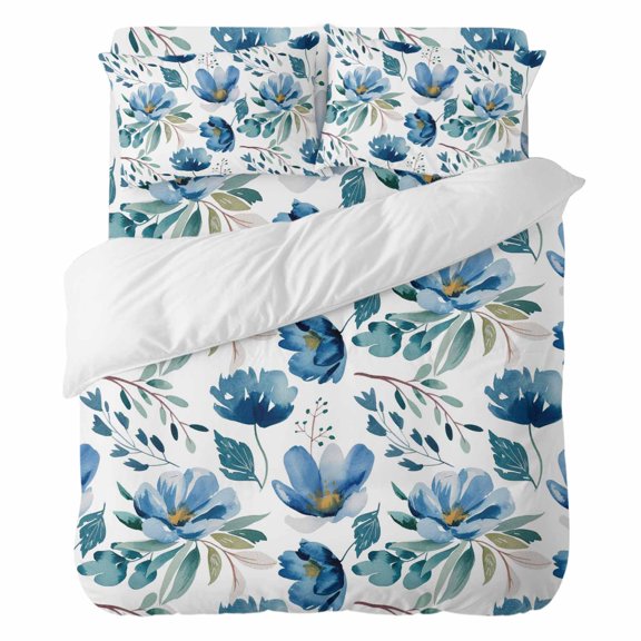 Blue Green Floral King Duvet Cover Set 4pcs Vintage Watercolor Pastoral Flower Leaf Soft Cozy All Season Bed Sheet Set, 1 Duvet Cover 1 Sheet and 2 Pillowcases (No Comforter)