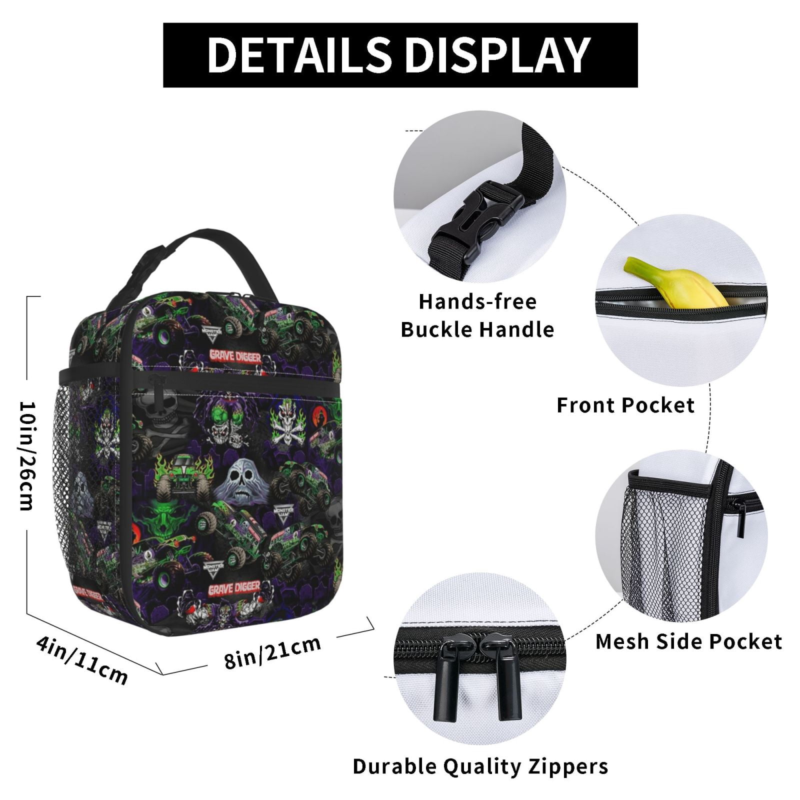 Insulation Portable Lunch Bag, Monster Truck Jam Thermal Container with Adjustable Shoulder Strap