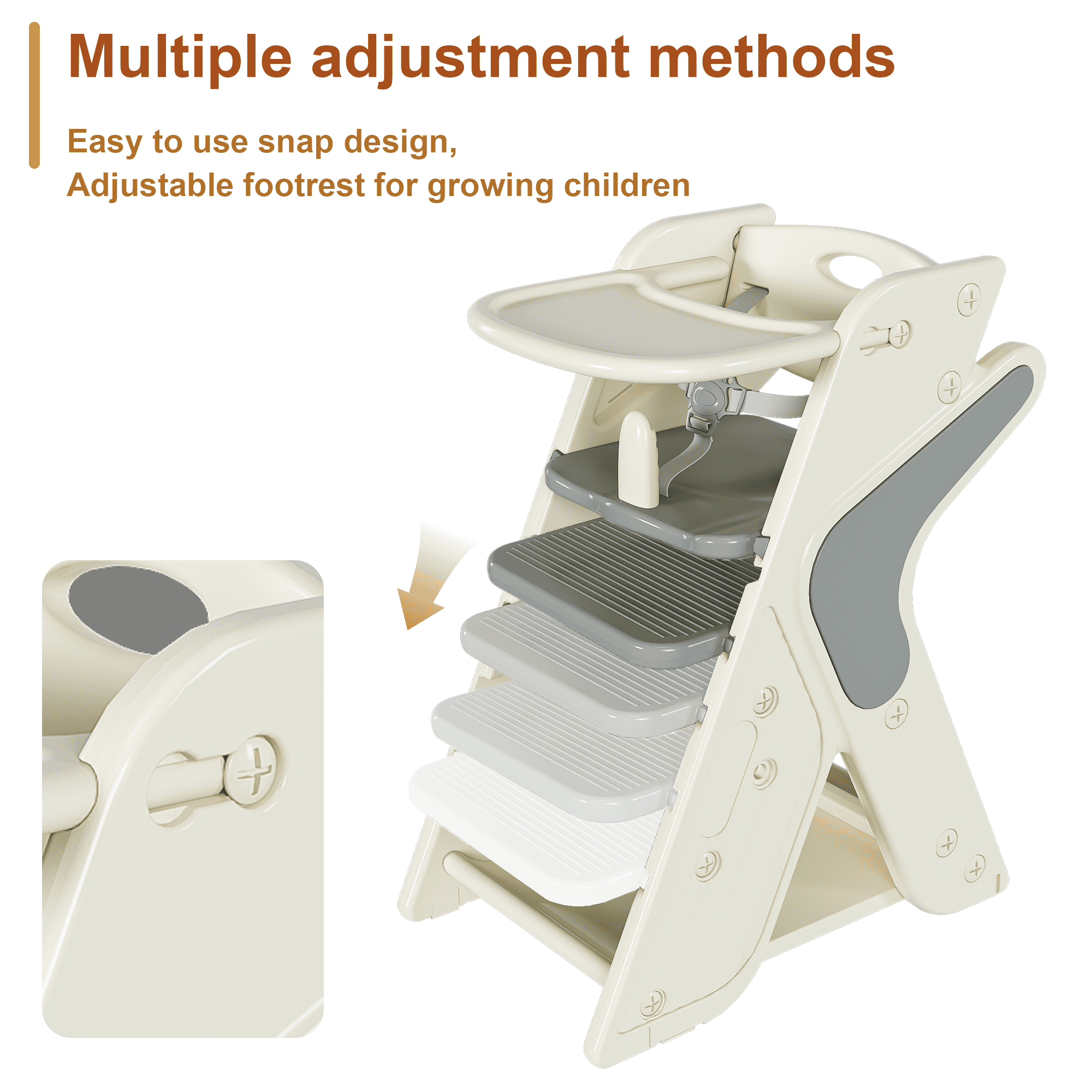 Wohh 3 in 1 Multi Functional Growing Up Dining Chair for Eating, Convertible Baby High Chair Toddler Learning Tower & Step Stool, Adjustable Height with 5-Point Harness, Removable Tray(Grey)