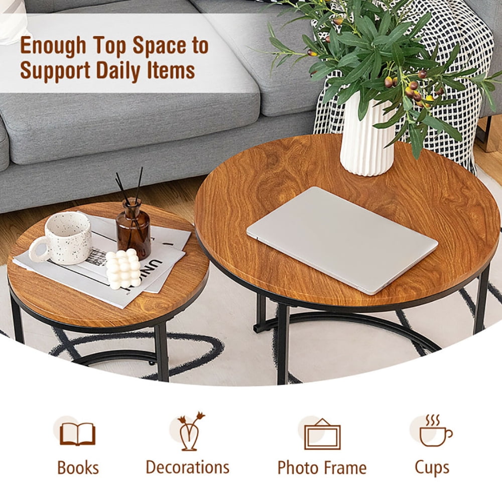 Finihen Round Nesting Coffee Table, Modern Nesting Side Set, Set of 2 Modern Round Stacking Nesting Coffee Tables, for Living Room, Reception Room, Light Brown Finihen Round Nesting Coffee Table, Modern Nesting Side Set, Set of 2 Modern Round Stacking Nesting Coffee Tables, for Living Room, Reception Room, Light Brown