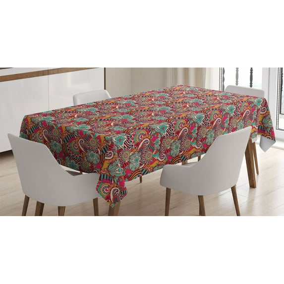 Colorful Tablecloth, Hand Drawn Composition with Flowers Stars and Hearts Romantic Abstract Design, Rectangle Satin Table Cover Accent for Dining Room and Kitchen, 60" X 90", Multicolor, by Ambesonne