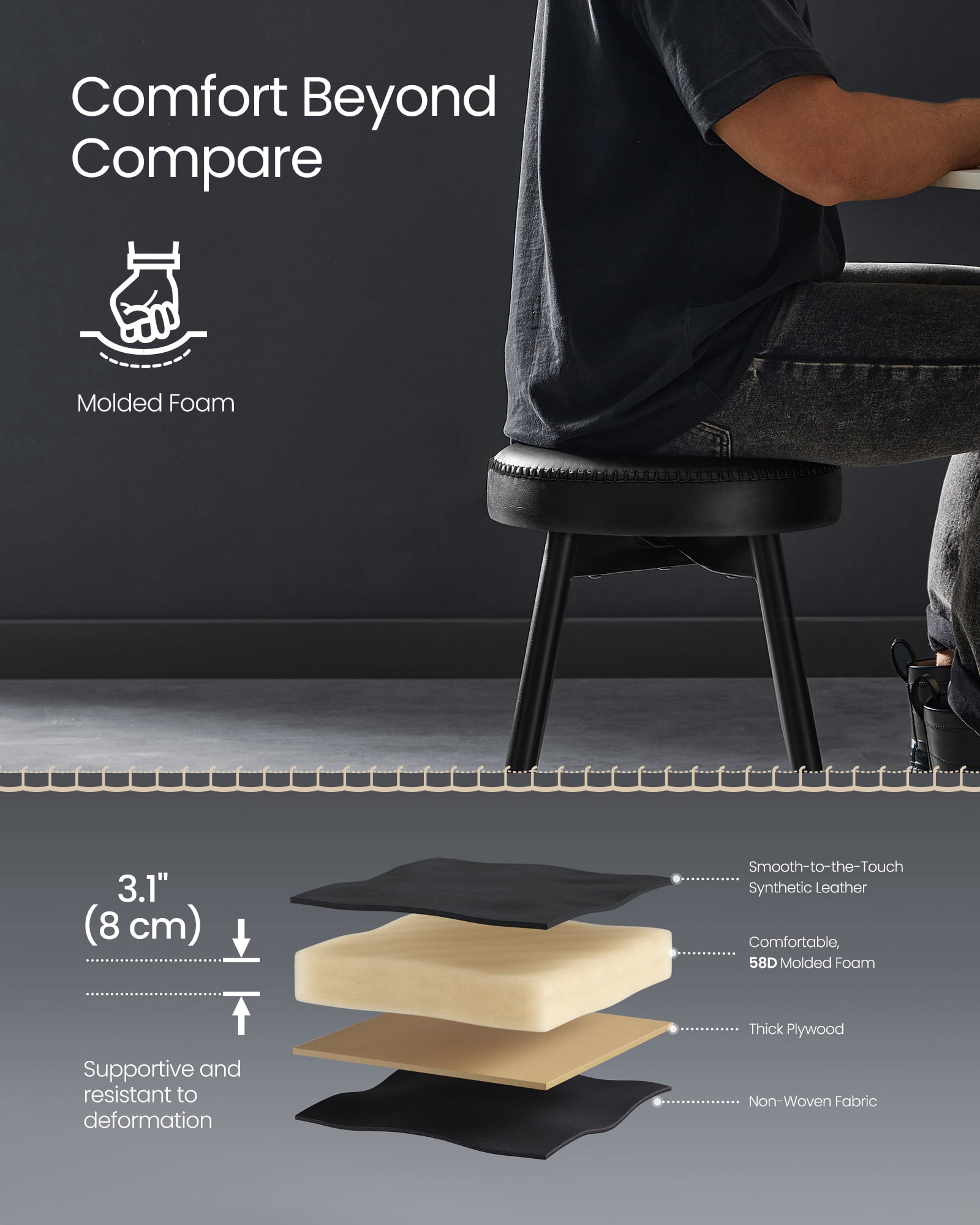 VASAGLE EKHO Collection - Dining Chairs Stools Set of 2, Upholstered Kitchen Stools, Vanity Stools, Synthetic Leather with Stitching, Ink Black