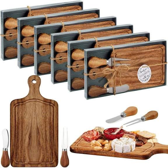 6 Set Bridal Baby Shower Cheese Prizes Wooden Square Board Gift Set Knives Forks Thank You Tags with Box for Guests for Valentines Bridal Baby Shower Housewarming Gifts (Acacia Color)