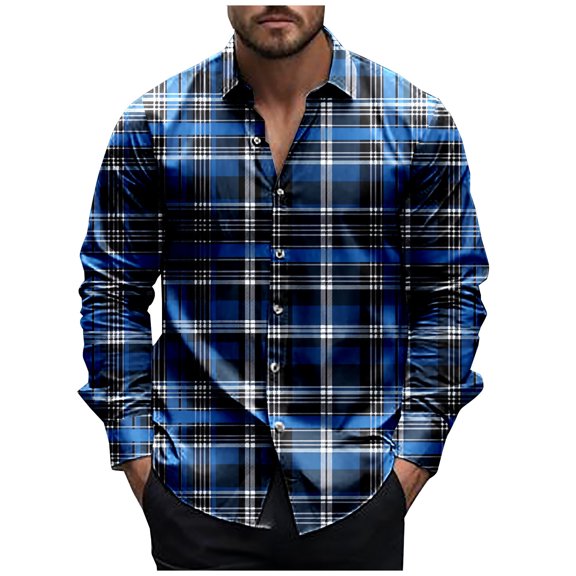 Plaid Shirts Men Button Long Sleeve Tshirts Lapel Neck Jackets Shirt Fashion Loose Lightweight Tees Outfit