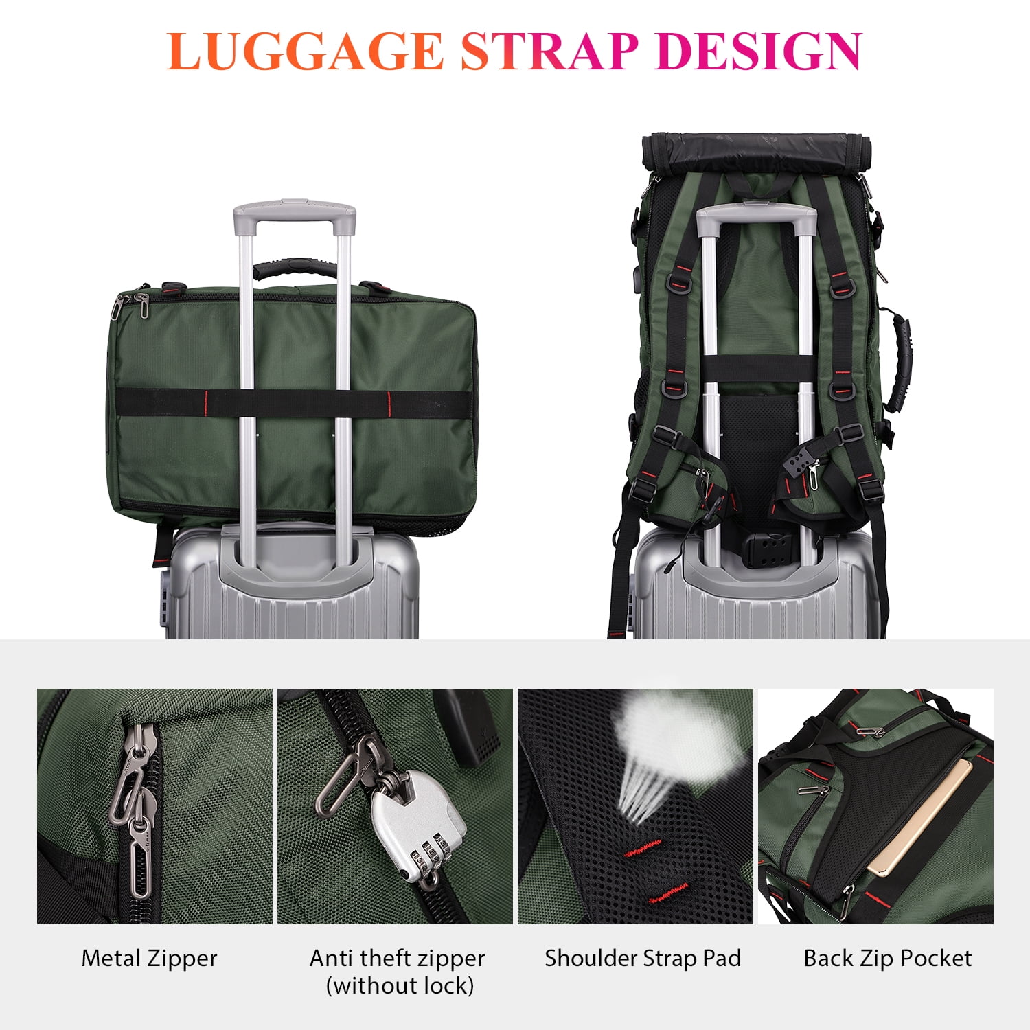 WITZMAN Carry on Travel Backpack for Men Airline Approved Convertible Nylon Duffle Backpack Luggage Bag(B682 Army Green)
