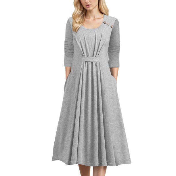 Vestido informal para mujer: cuello redondo, manga media, botones, corte holgado, veraniego y fluido