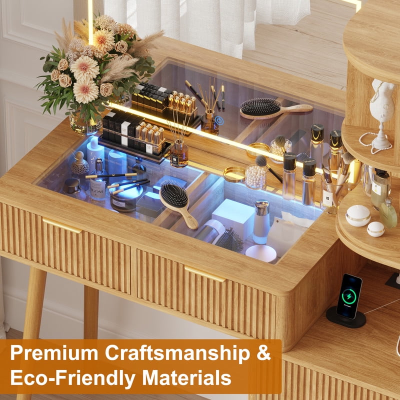 41.7" Fluted Makeup Vanity Desk with Large 30" Mirror and Rotating Cabinet, Modern Glass Top Big Vanity Table with 4 Drawers & Lights, Dressing Table Set w/Charging Station for Bedroom