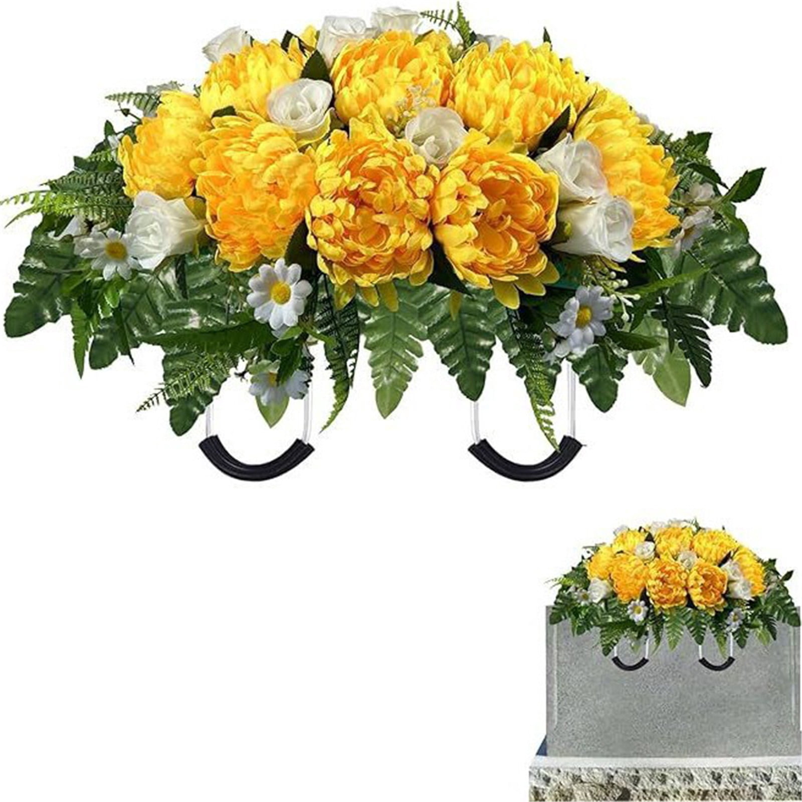Headstone Flowers Artificial Cemetery Saddle Red Roses Chrysanthemums 28.5x22in Memorial Grave Decoration Mothers Day Remembrance Floral
