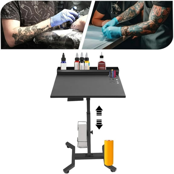 Portable Salon Tray Cart on Wheels with Storage Platform, Mobile Iron Tattoo Tray Height Adjustable Work Table for Tattoo Work SPA & Dental Tray, Black