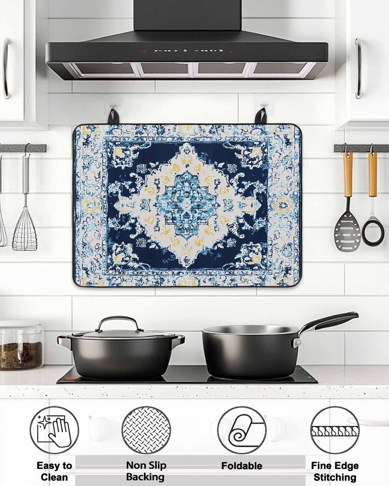 Stove Top Covers for Electric Stove, Vintage Ethnic Glass Stovetop Cover Protector, Boho Tribes Modern Blue Middle Century Induction Cooktop Protector Oven Mat for Kitchen Countertop 28.5"x20.5"
