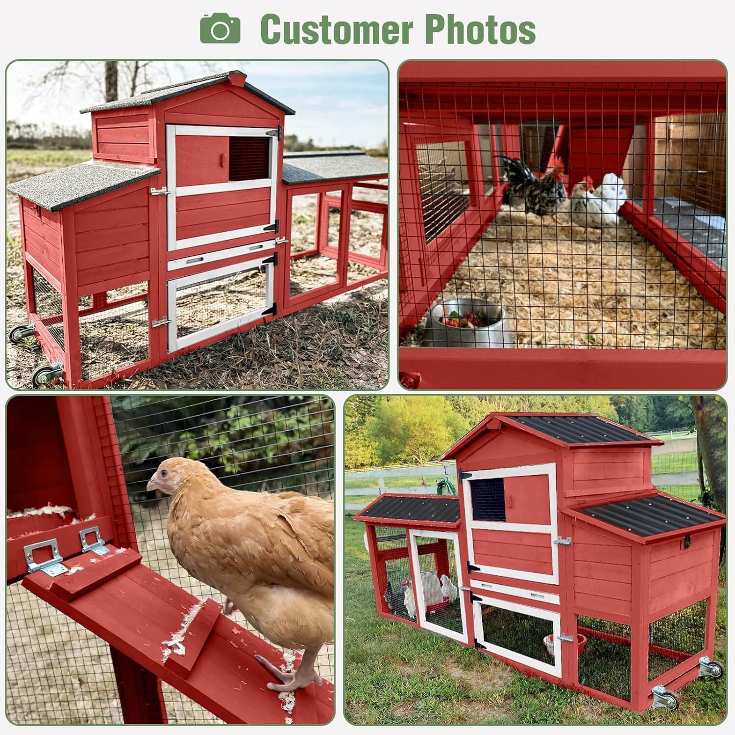 Aivituvin Mobile Chicken Coop with Wheels for 4-6 Chickens, Large Outdoor Hen House with Run, Weatherproof Roof, Sectionable Nesting Box, Pull-Out Tray, 83.3" L x 26" W x 42" H - Red