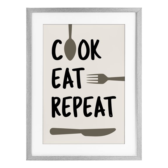 Stupell Industries Modern Cook Eat Repeat with Utensils Gray Framed Print Under Glass, 14 x 20, by Martina Pavlova
