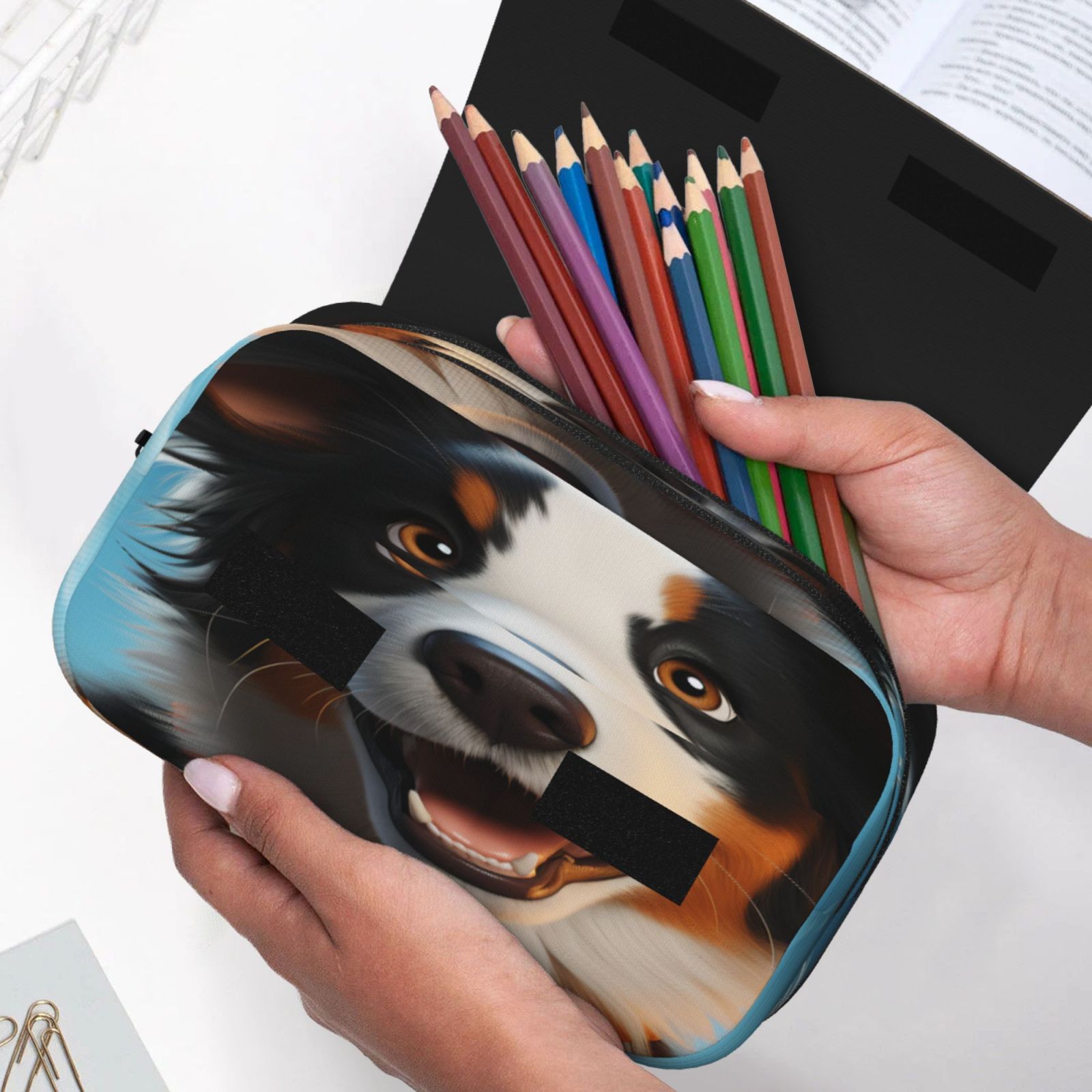 Rateoe Playful Smile Cute Dog Pattern Double Clamshell Pen Case, Storage Organizer with Two Zipper Compartments– Holds Up to 50 Pencils & Pens