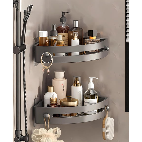 2-Tier Corner Shower Shelf No Drilling Adhesive Bathroom Shower Caddy, No Hooks PP Corner Shelf Organizer with 24lbs Strong Hold for Shower Bathroom, Gray