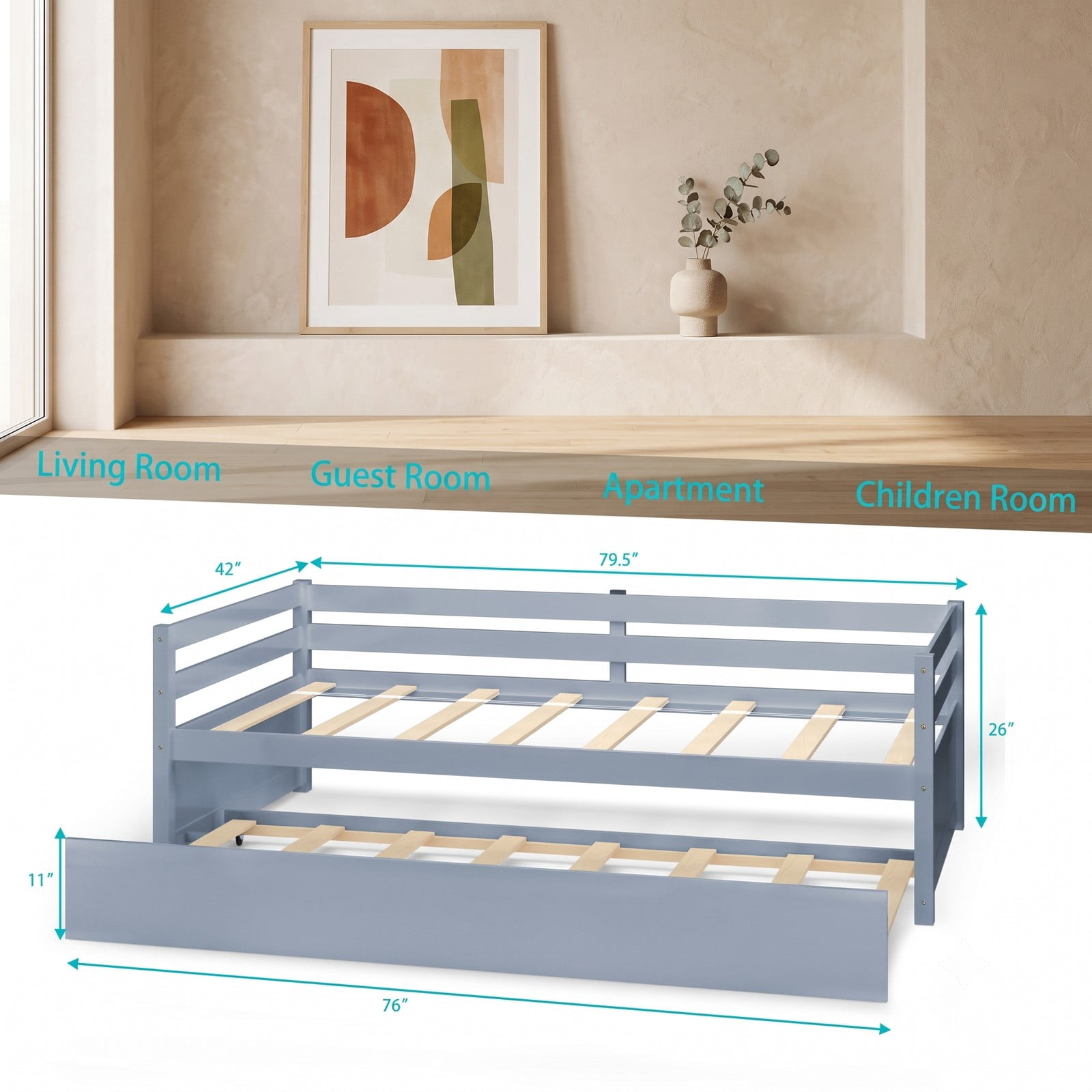 Furnibear Twin Trundle Daybed Frame with Pull Out Trundle and Wooden Slat Support and Side Rails for Bedroom and Guest Room, Gray