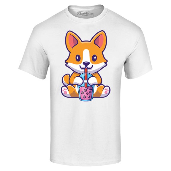 Shop4Ever Men's Cute Corgi Drinking Boba Tea Kawaii Graphic T-shirt Large White