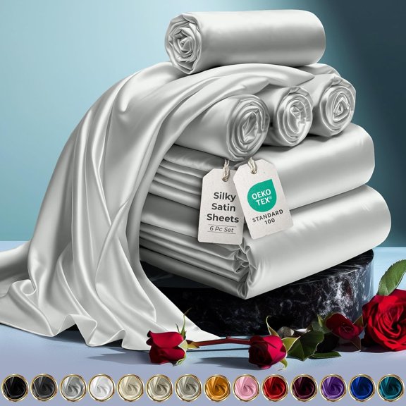 EnjinZZ Satin Bed Sheets - 6 Piece Luxury Silky Queen Size Bedding Set - Softer Than Silk, Wrinkle-Free with 15” Deep Pocket Fitted Sheet, Perfect for Hair & Skin, Gifts for Women (Grey)