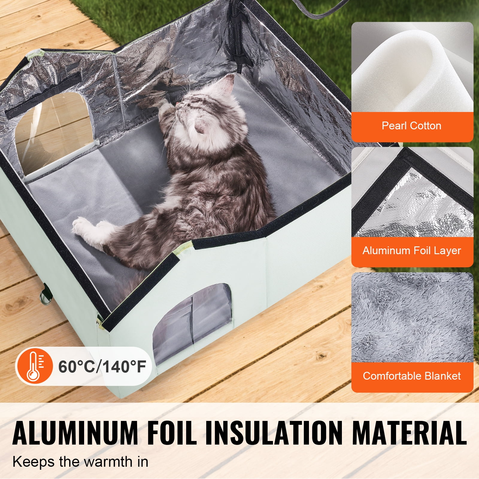 VEVOR Heated Cat House, Outdoor Kitty Shelter with Adjustable Temperature and Timer, 600D Oxford Cloth Foldable Cat Shelter with Heated Pad for Winter to Stay Warm and Cozy, Green (Large)
