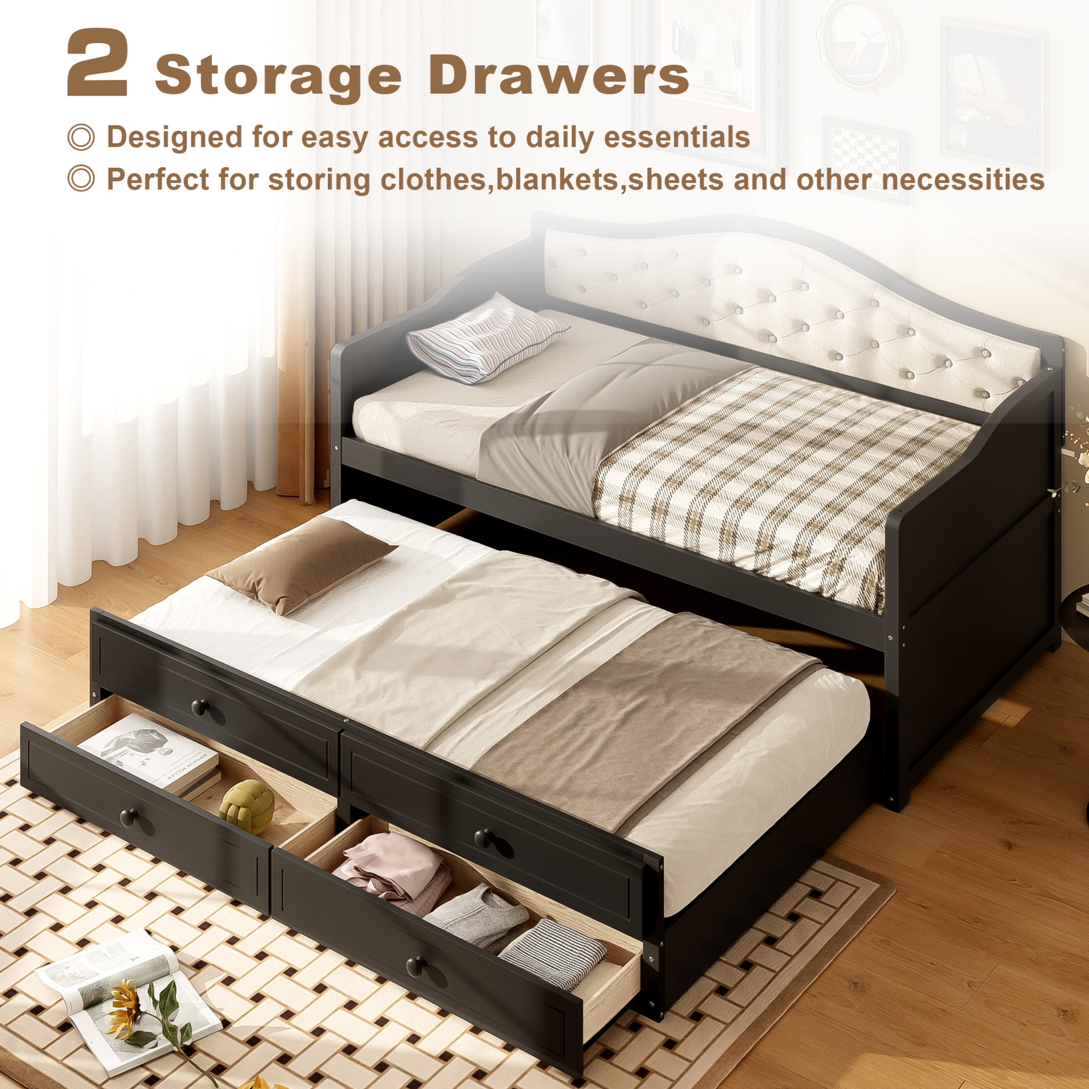 Noble House Twin Daybed with Trundle, 2 Storage Drawers, Upholstered Tufted Backrest, Black