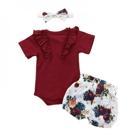 

Baby Clothes for Girl 2020 Summer Baby Girl Solid Color Top Newborn Kids Baby Girls Outfits Clothes Romper Bodysuit+Flower Printed Shorts+Headband Set