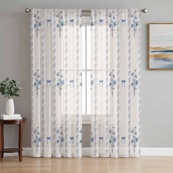 Spring Floral Sheer Curtains 63 Inch Length 2 Panels Set, Watercolor Flowers Bows Bohemia Beige Voile Window Treatment Rod Pocket Curtains Sheers Drapes for Bedroom/Living Room/Kitchen 52x"63"x2