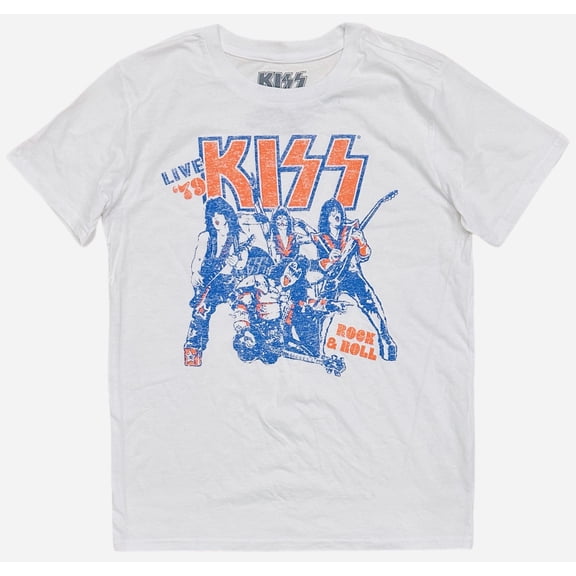 KISS Men's T-Shirt Genuine Merch Vintage Live 1979 Distressed Print Tee in White (Medium, White)