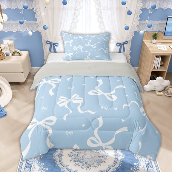 Manfei White Bow Light Blue Love Heart Twin Comforter Sets for Boys Girls, Cute Ribbon Bedding Set, Grey Reversible, 2pcs