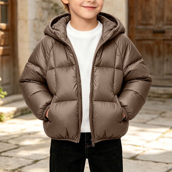 vokkrv Kids Hooded Quilted Puffer Jacket, Zip Up Warm Coat with Side Pockets, Windproof Casual Outerwear for Boys Girls Winter Daily Outdoor Activities Brown 1-2 Years
